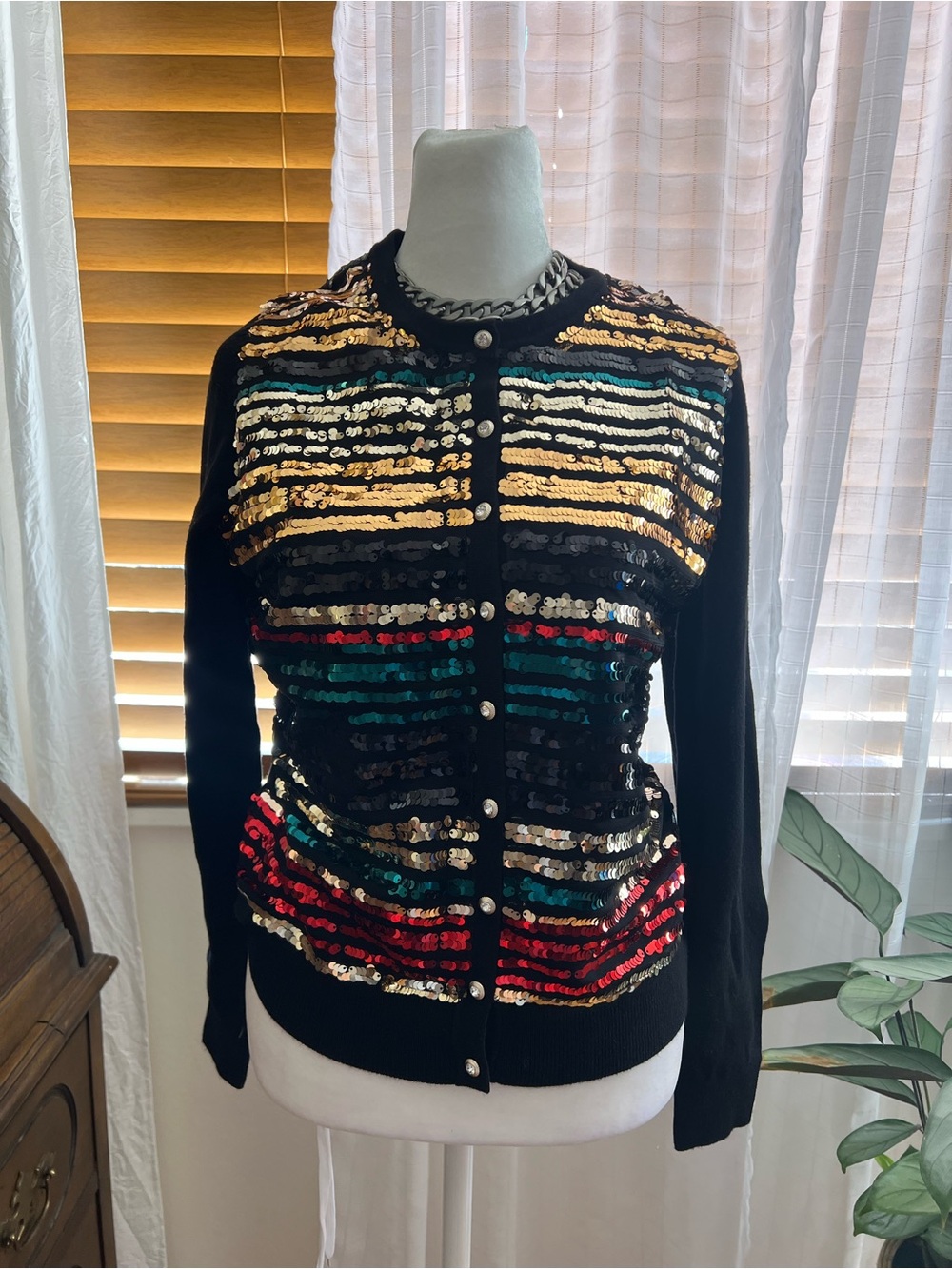 Charter Club Black Sequin Striped Button Cardigan
